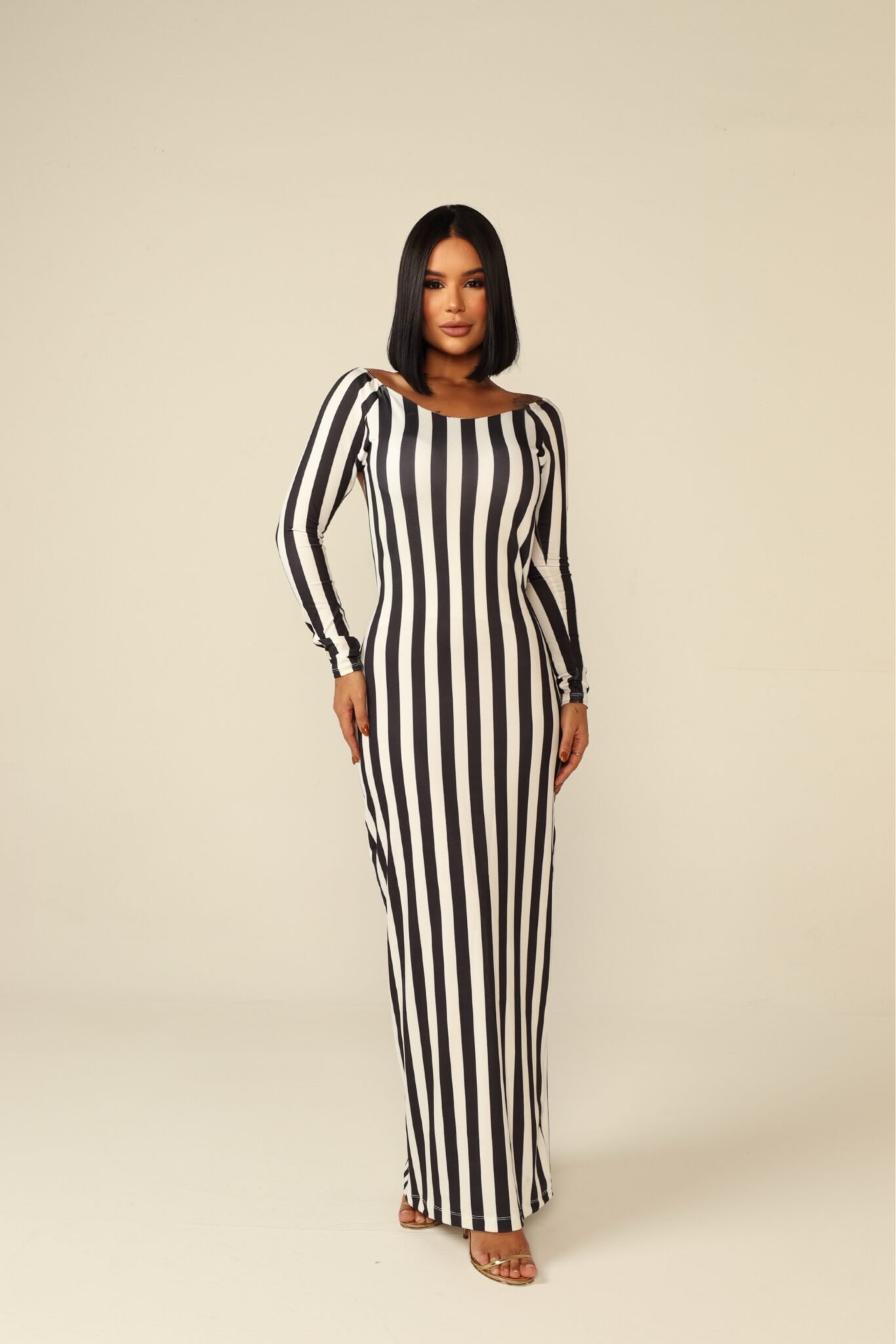 Morena Brazil - Vestido Longo Manga Longa Listrado